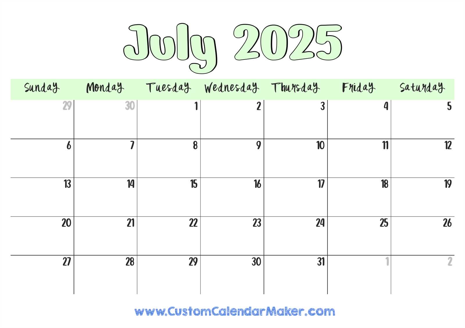 free july 2025 calendar template