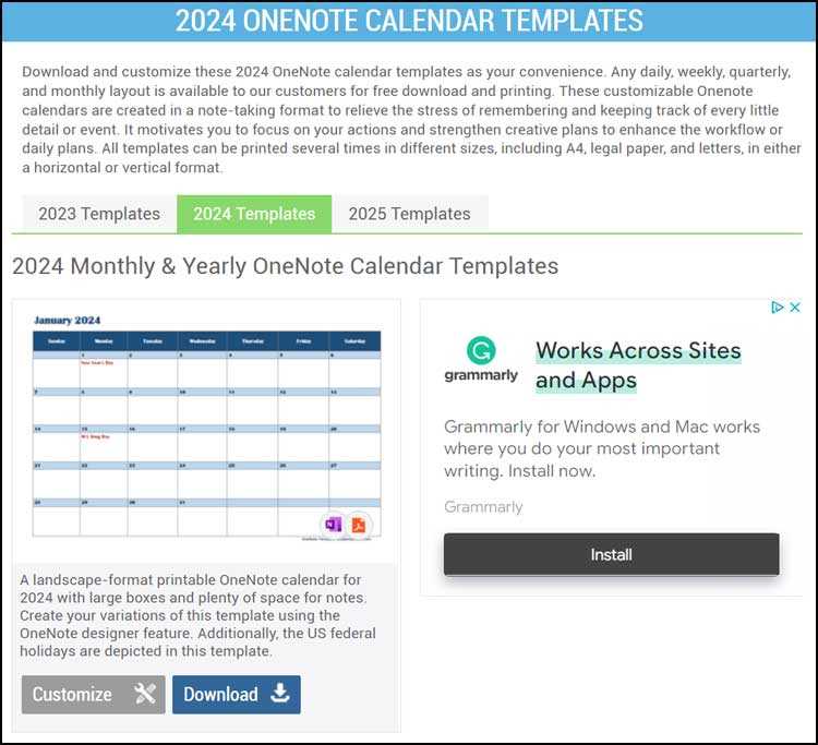 onenote monthly calendar template