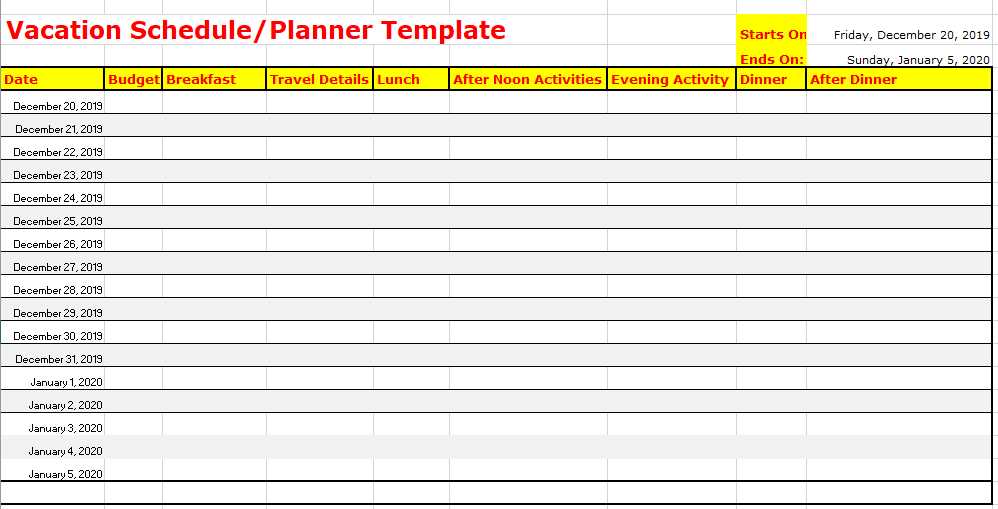 annual vacation calendar template