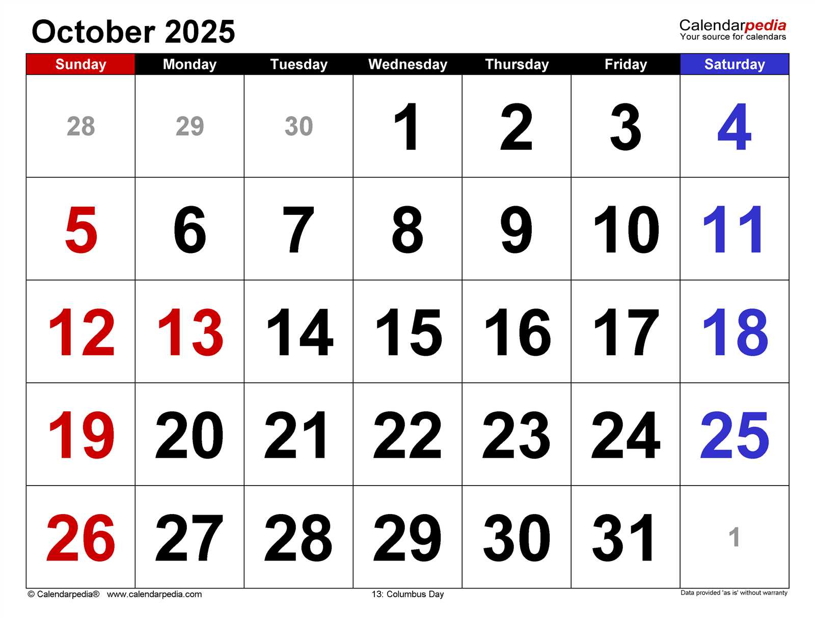 october 2025 calendar template printable