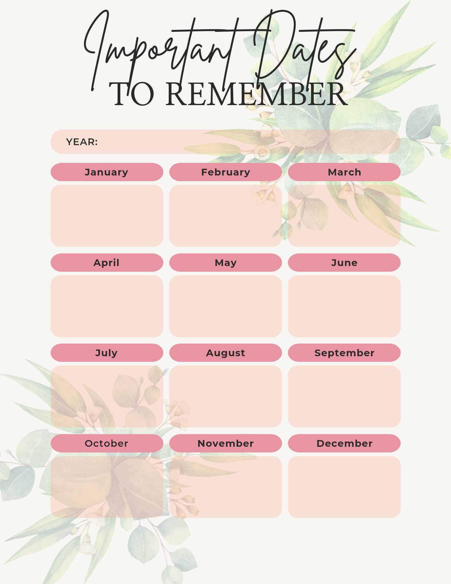 dates to remember calendar template