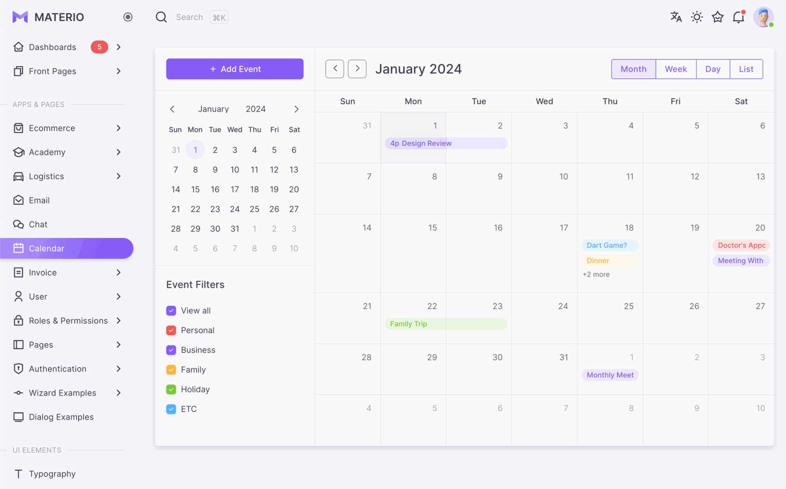 admin calendar template