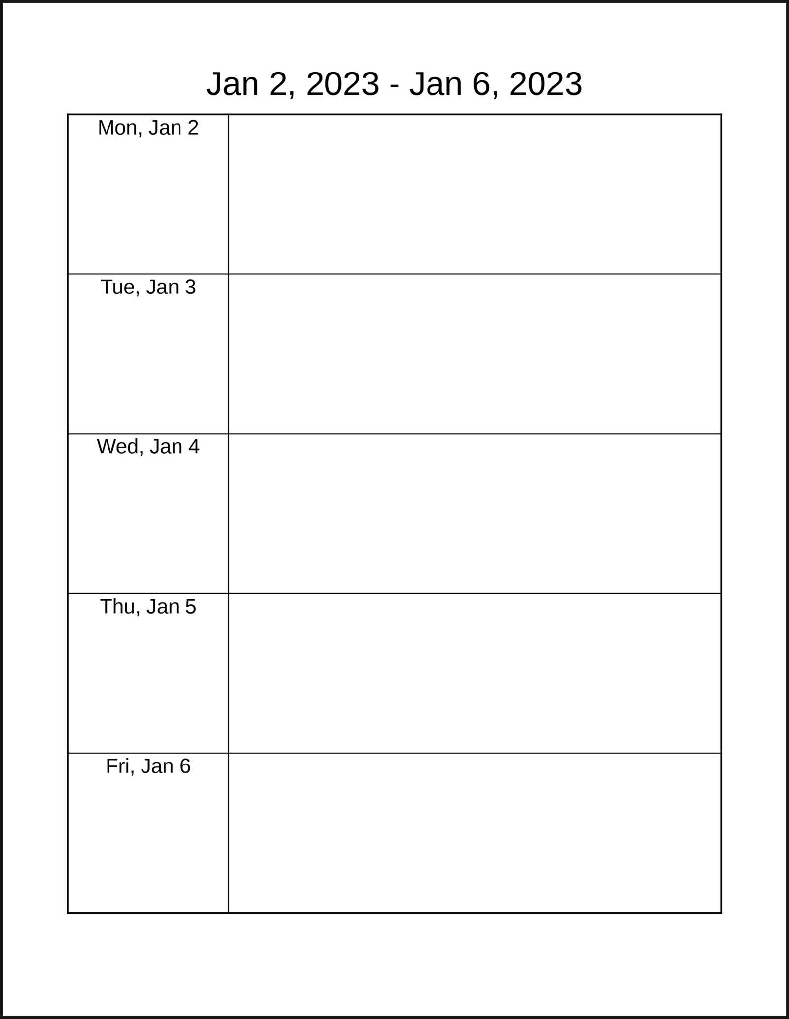 monday to friday calendar template