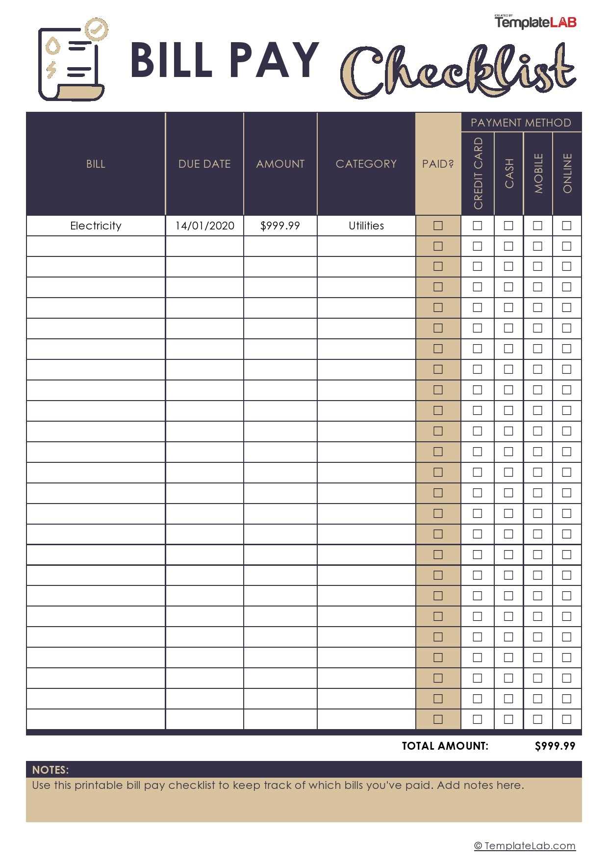 monthly bill payment calendar template