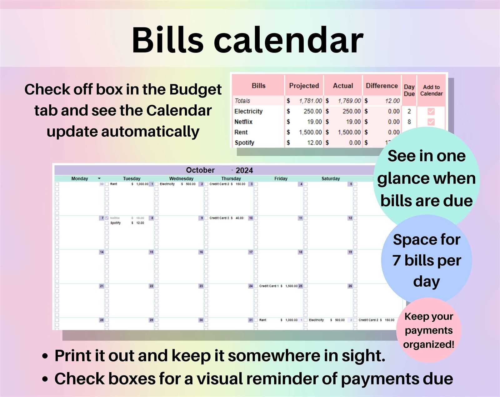 monthly bills calendar template