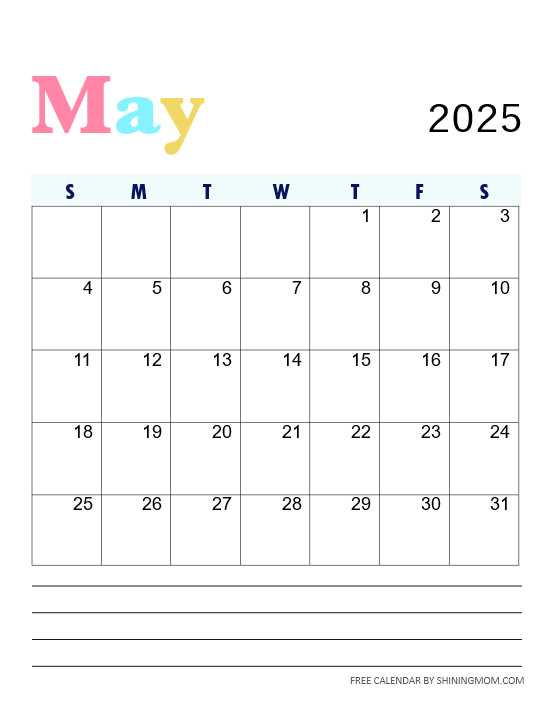 monthly calendar template may 2025