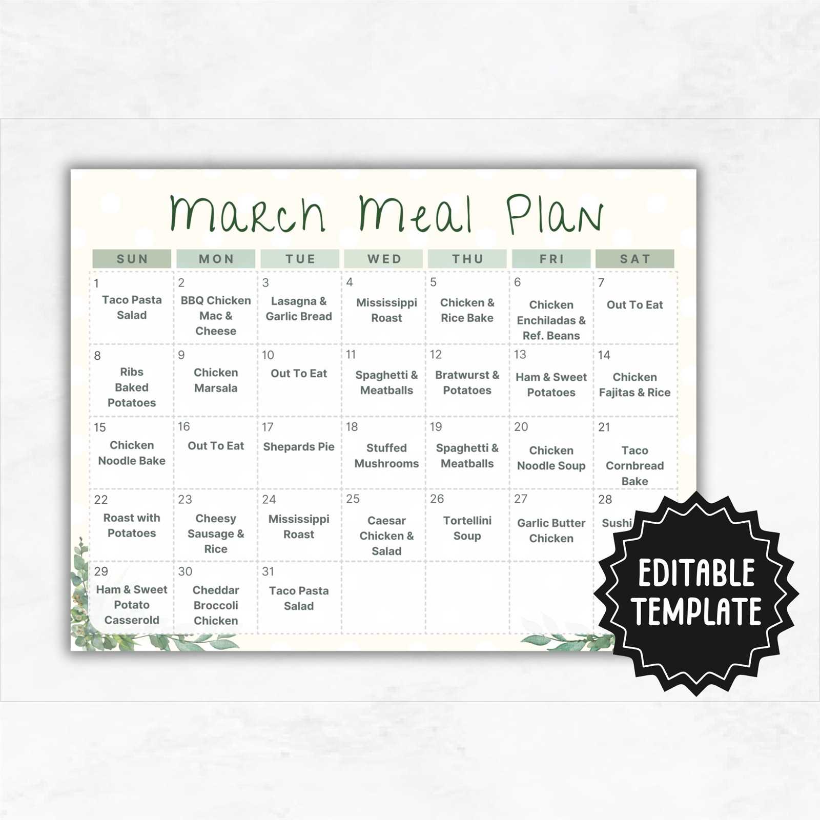 monthly meal calendar template