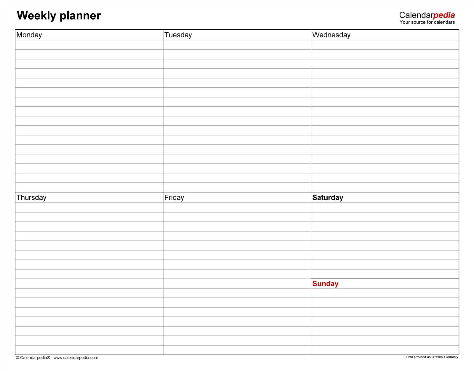 printable blank weekly calendar template