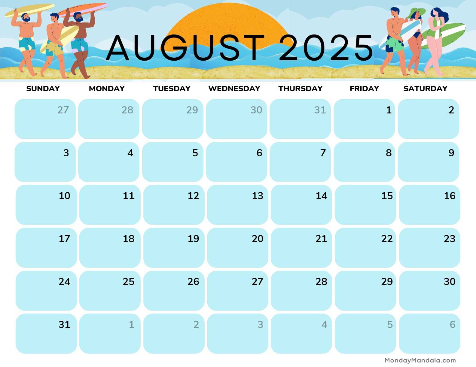 free blank calendar template august 2025