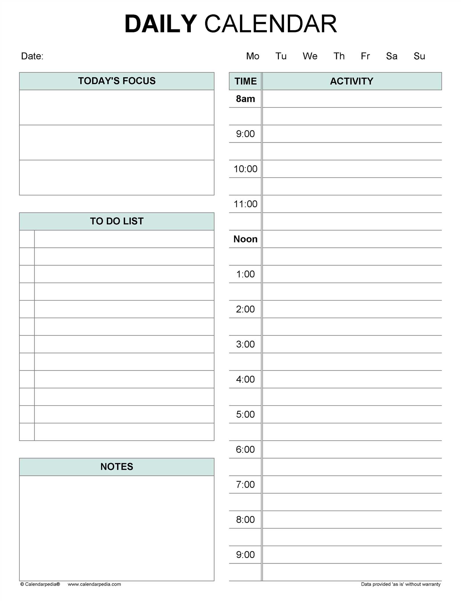 free five day calendar template