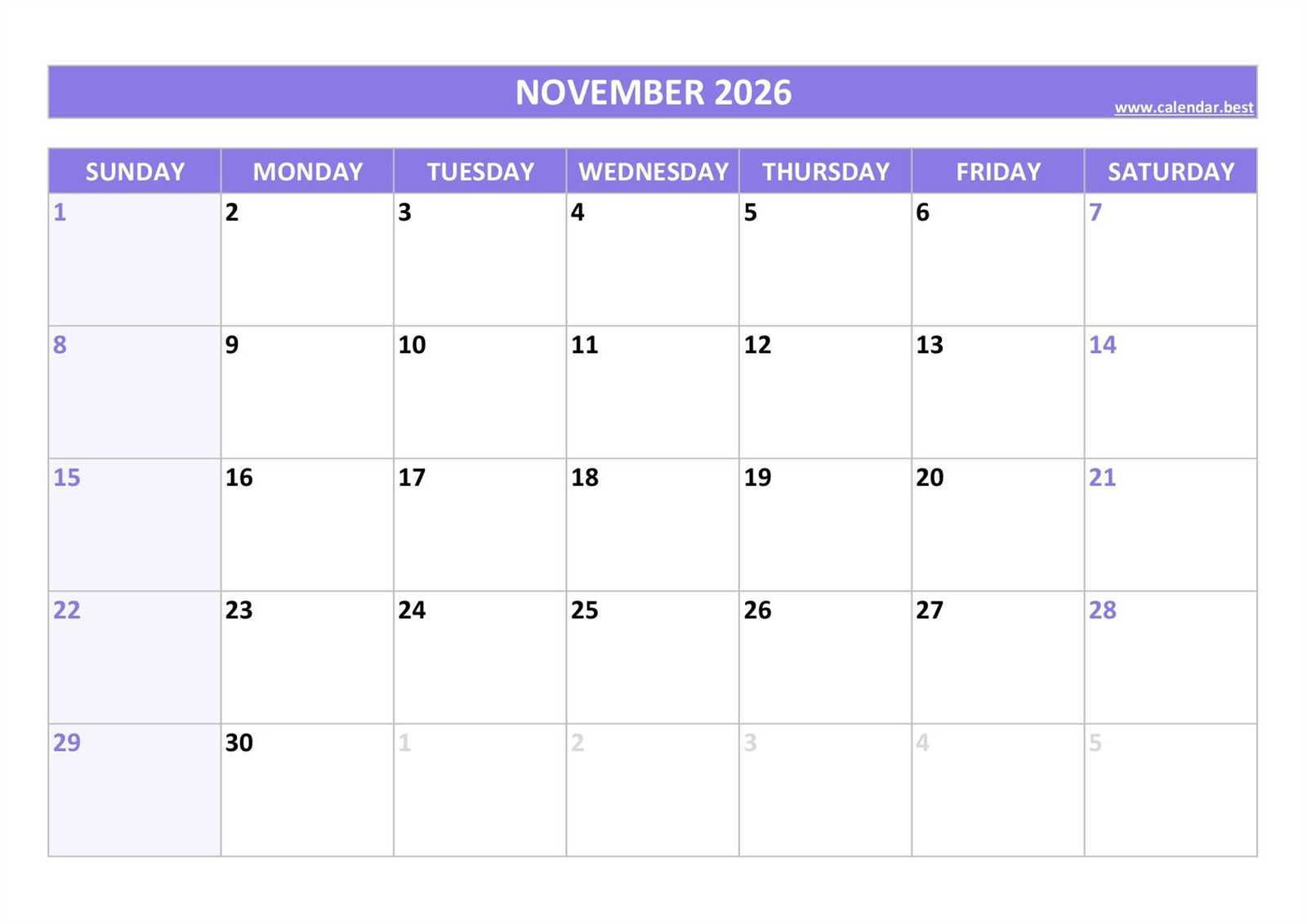 november month calendar template