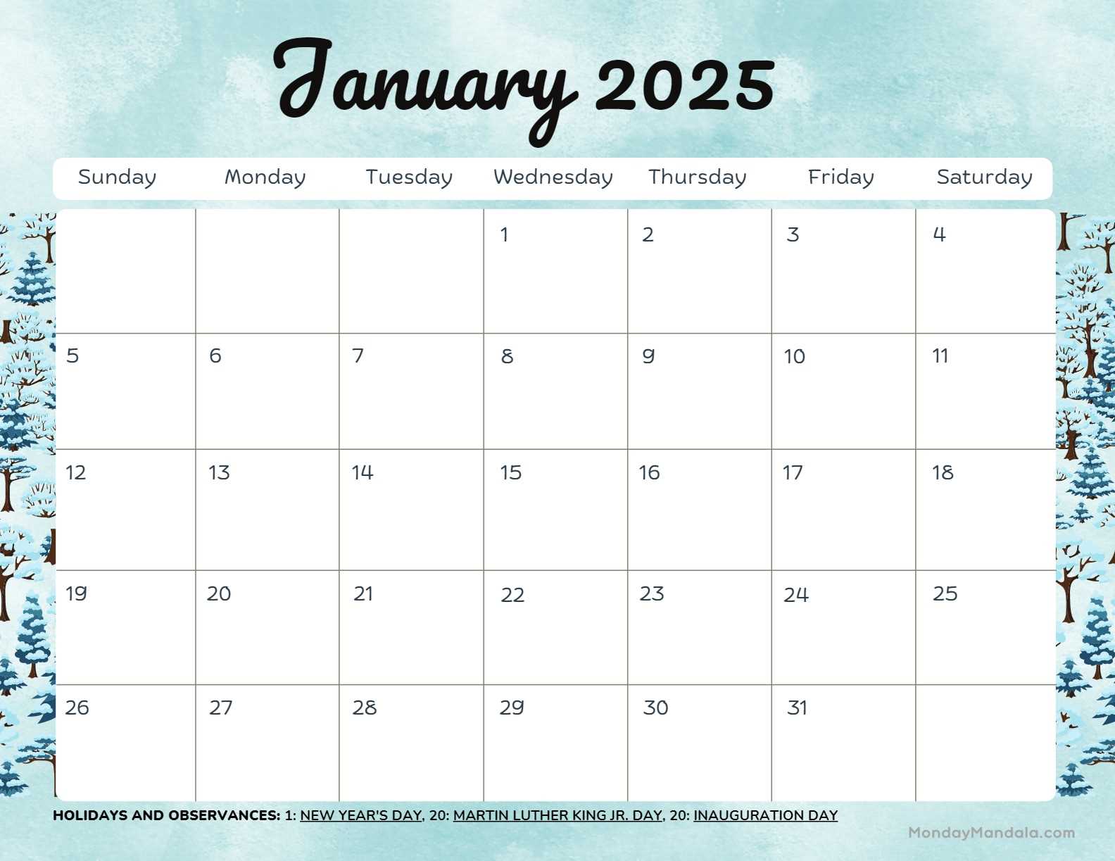 january 2025 blank calendar template