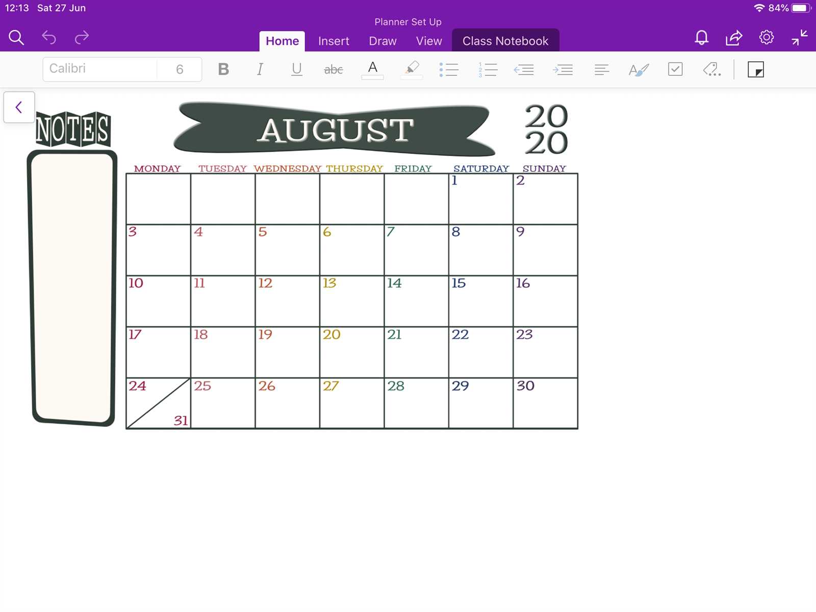 onenote calendar template free