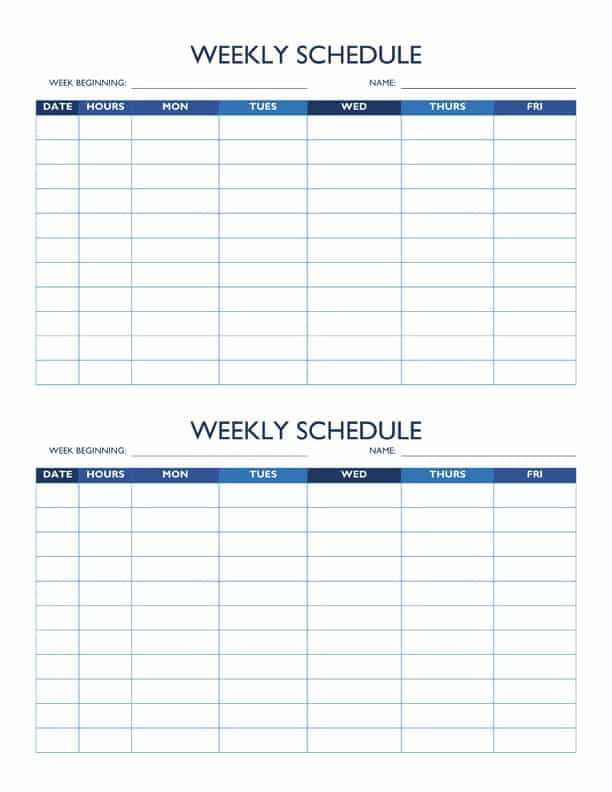 5 day week calendar template