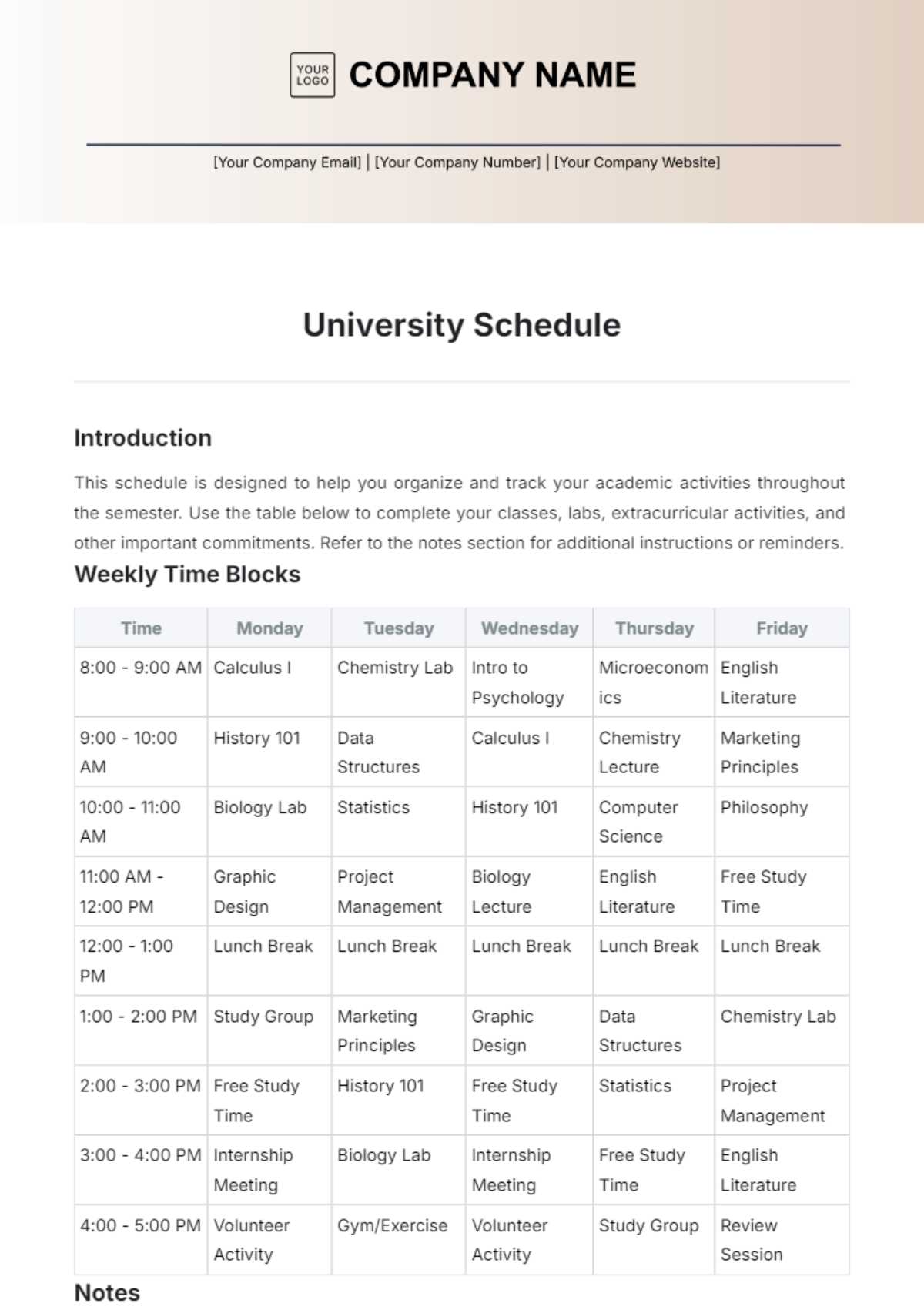 internship calendar template