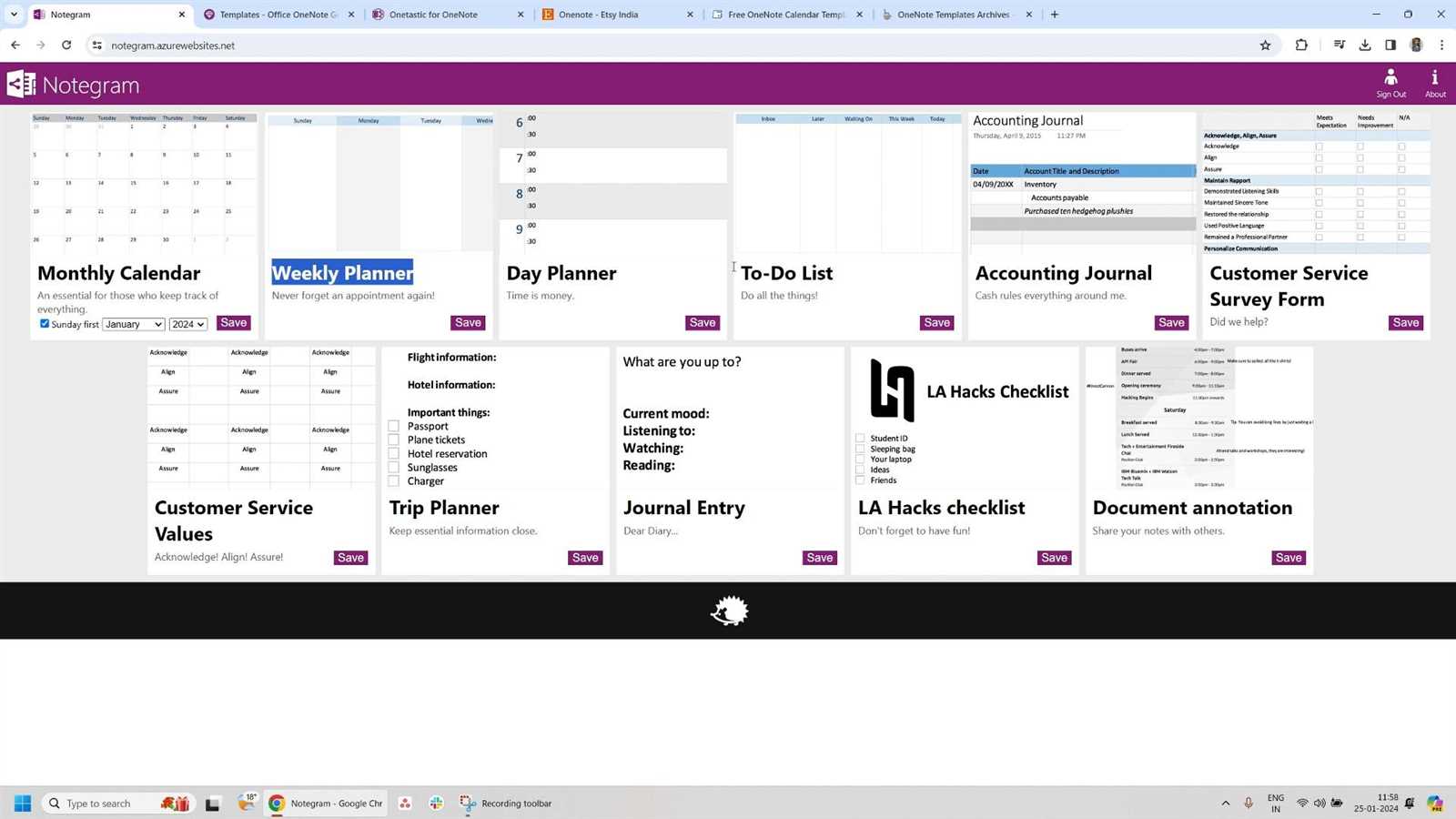 onenote calendar template free