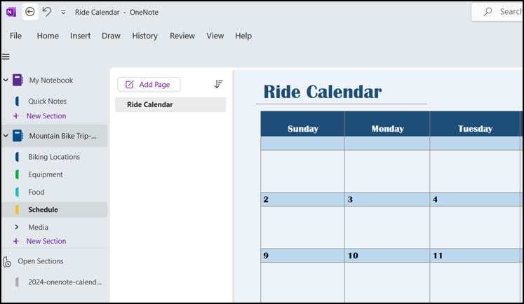 onenote monthly calendar template