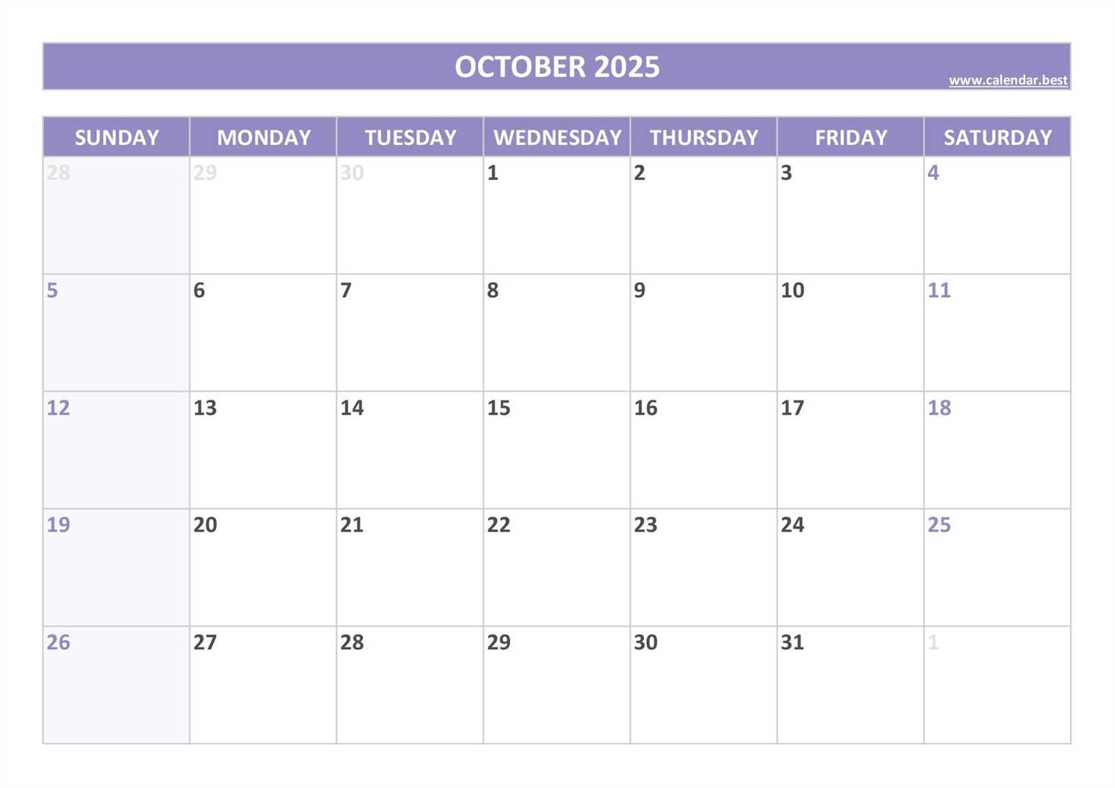 calendar october 2025 template