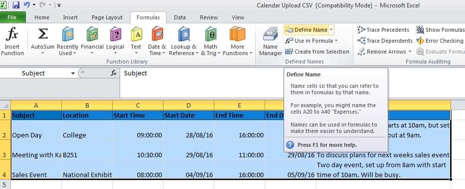 outlook calendar csv template