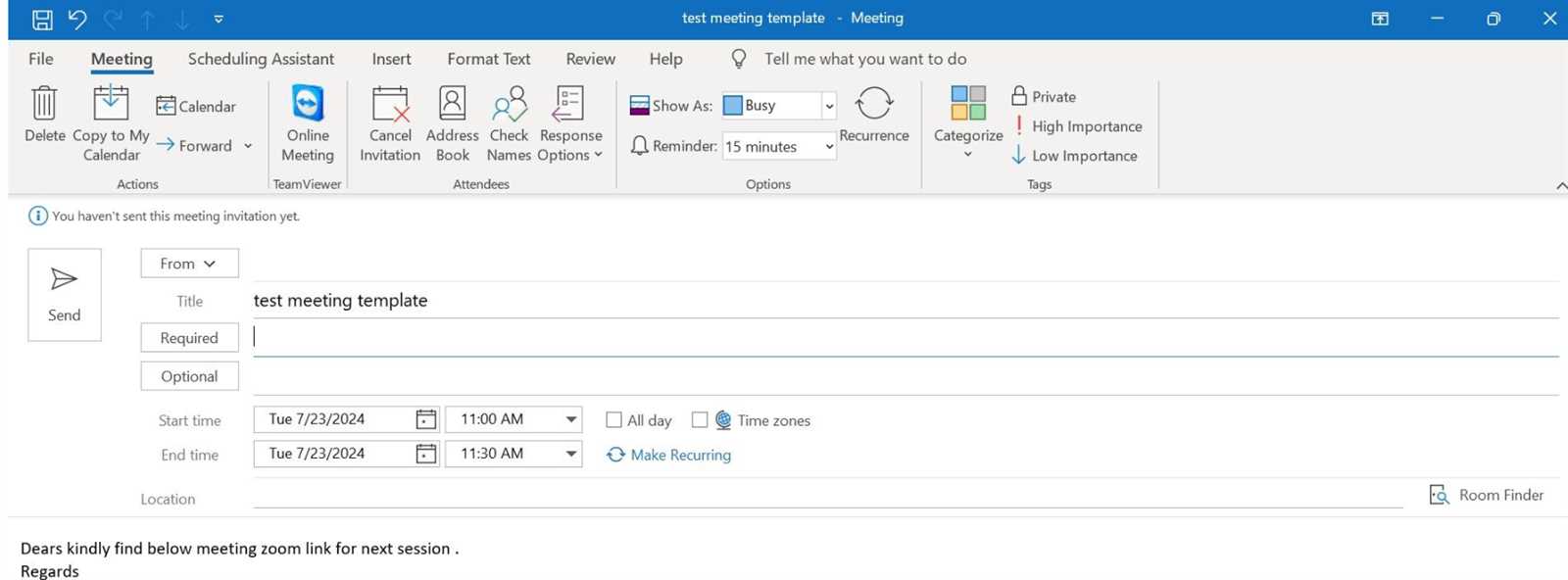 outlook calendar event template