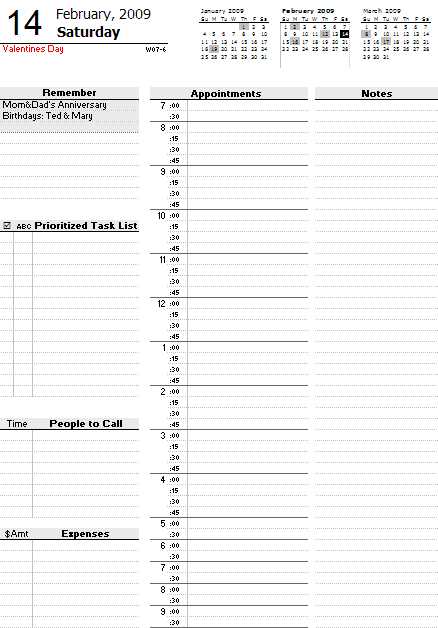 page per day calendar template