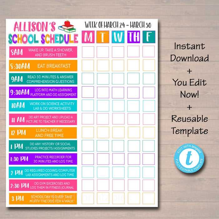 weekly student calendar template