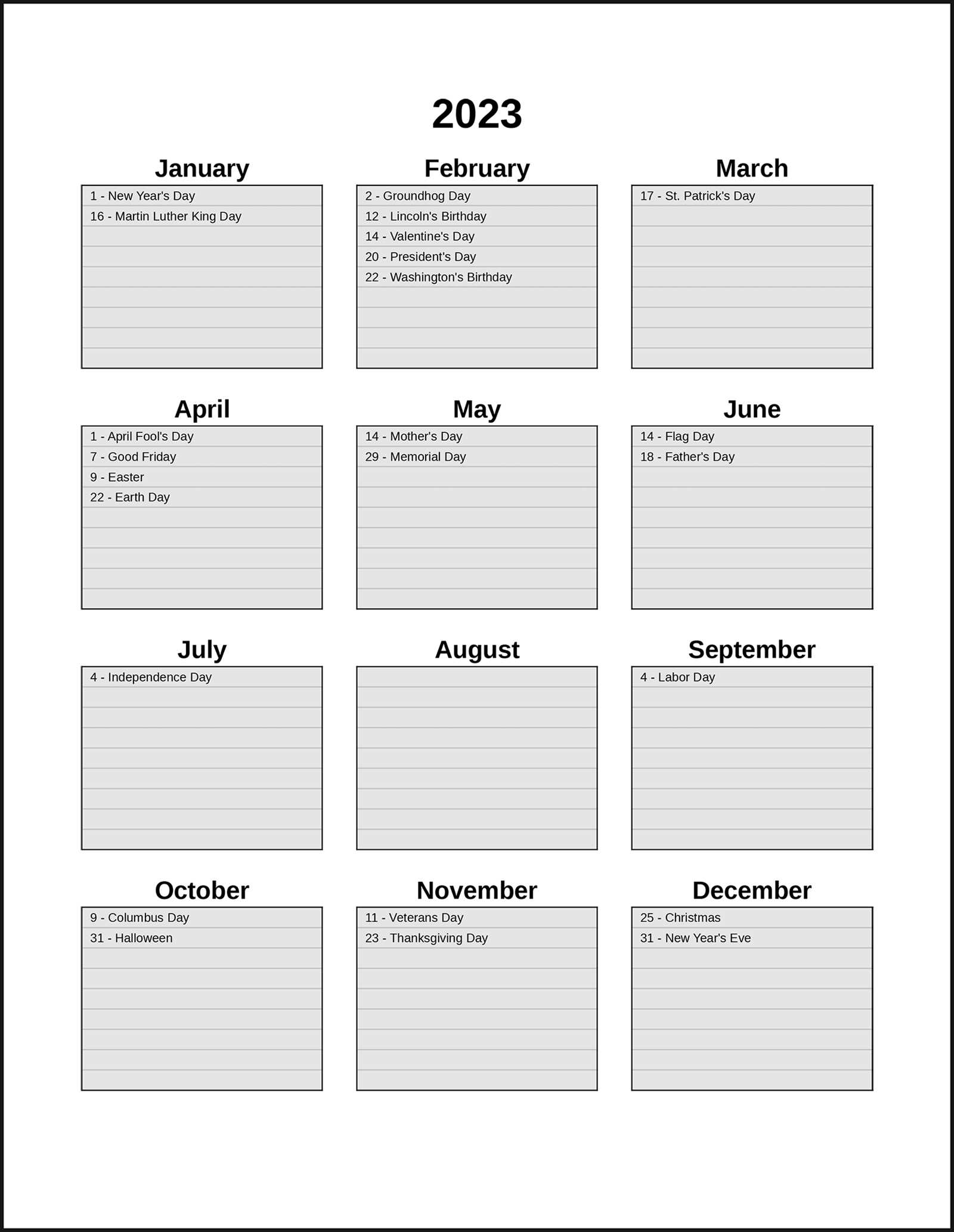 yearly calendar template with notes