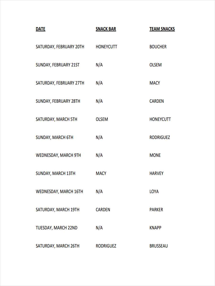 preschool snack calendar template