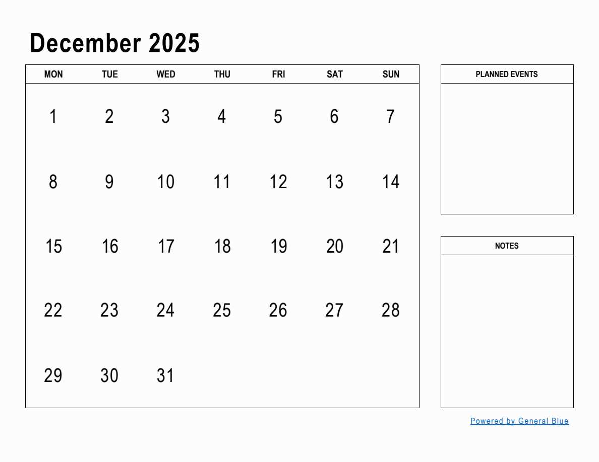 printable calendar template december 2025