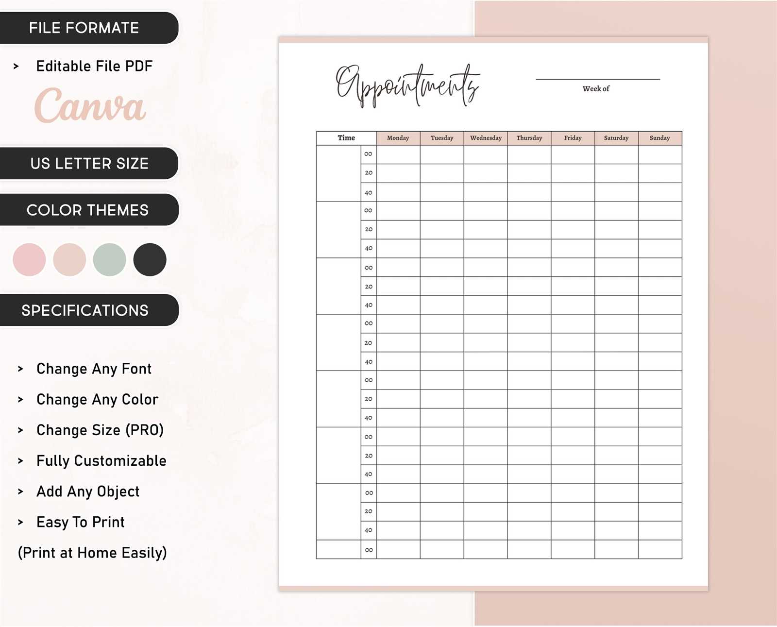 printable daily appointment calendar template