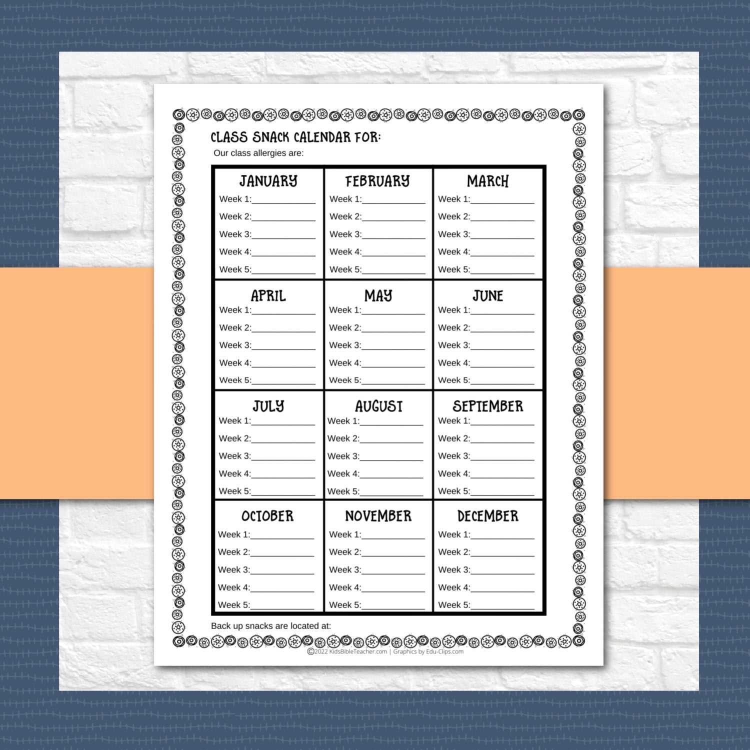 snack calendar template preschool