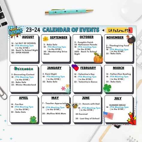 pta calendar of events template free