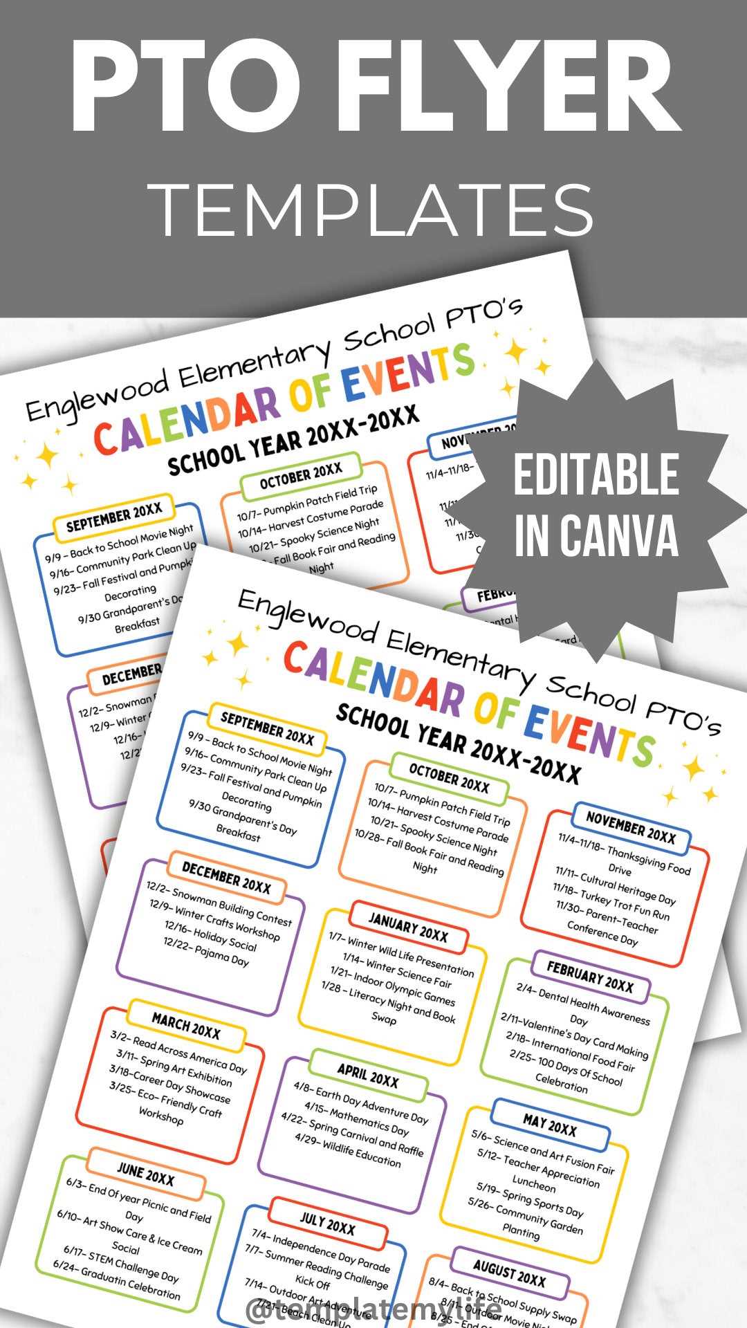 pta calendar of events template free