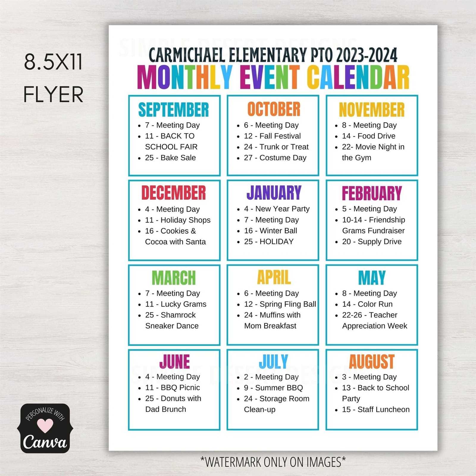 pta calendar of events template