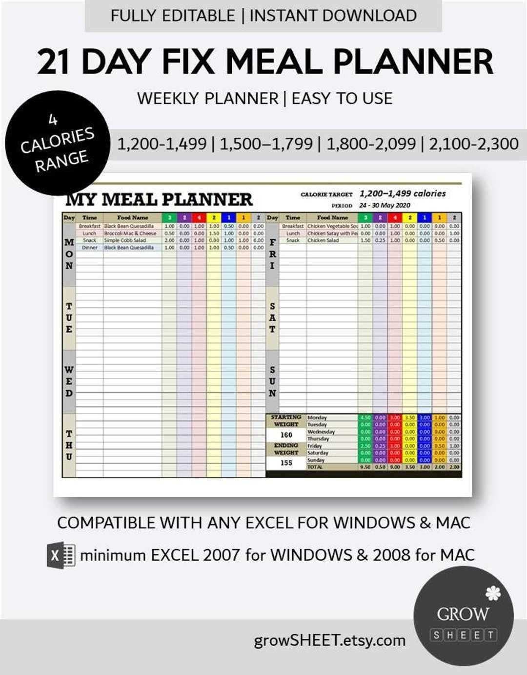 21 day fix meal calendar template