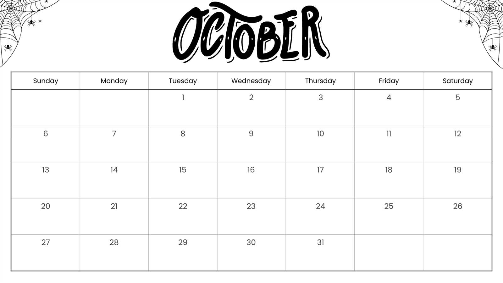 october calendar template printable