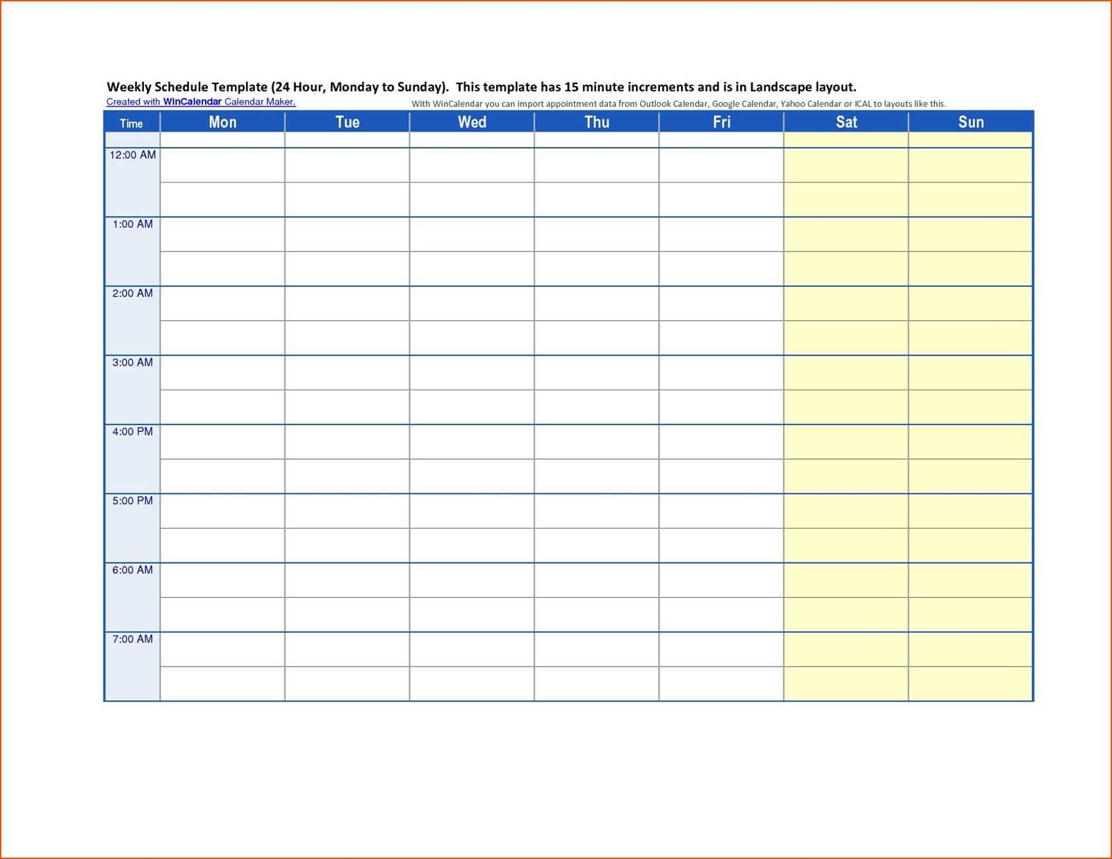 daily calendar 15 minute increments template