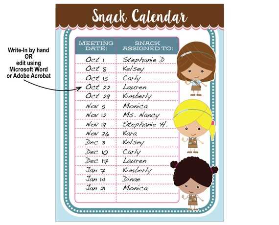 snack calendar template free