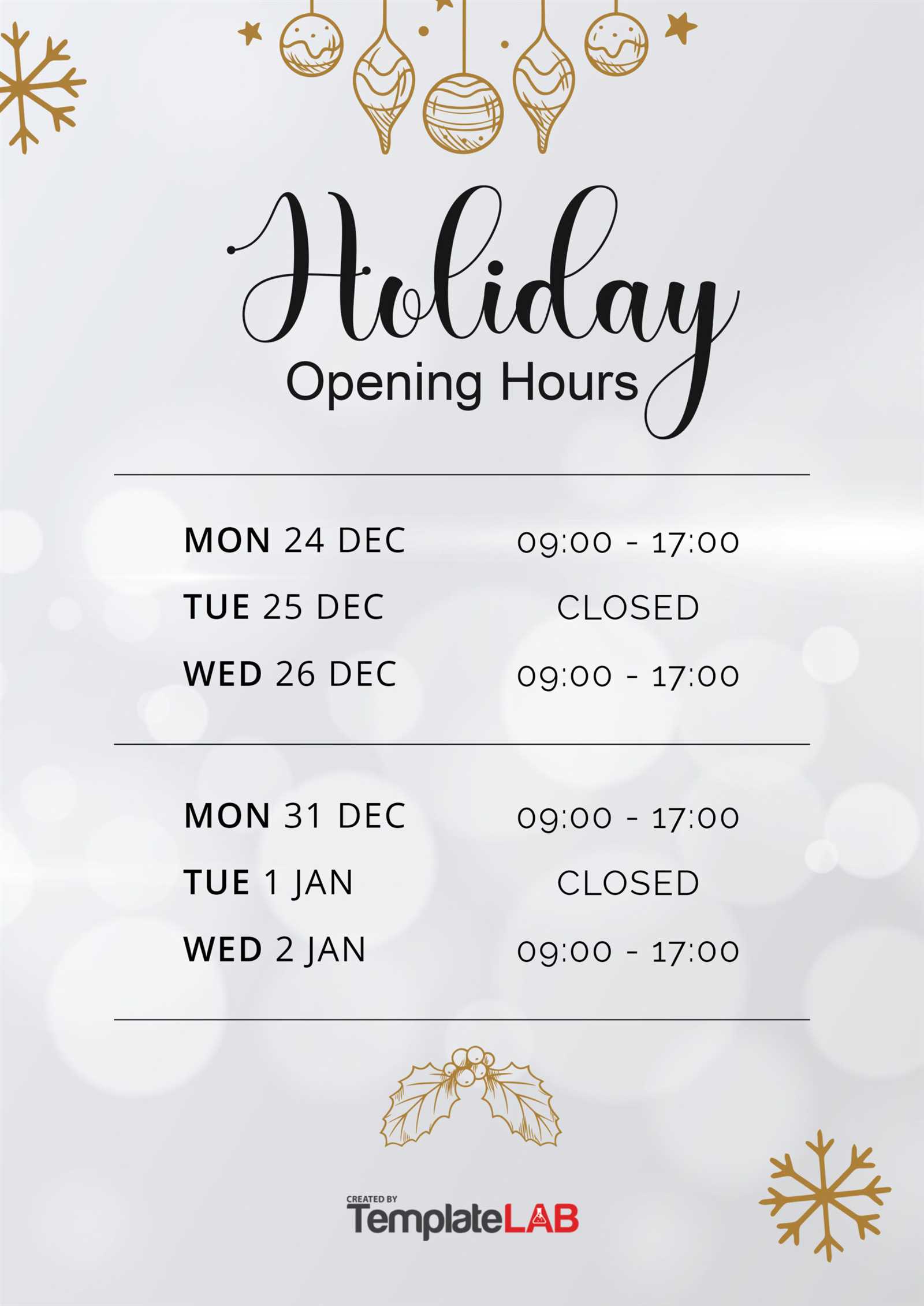 holiday hours calendar template