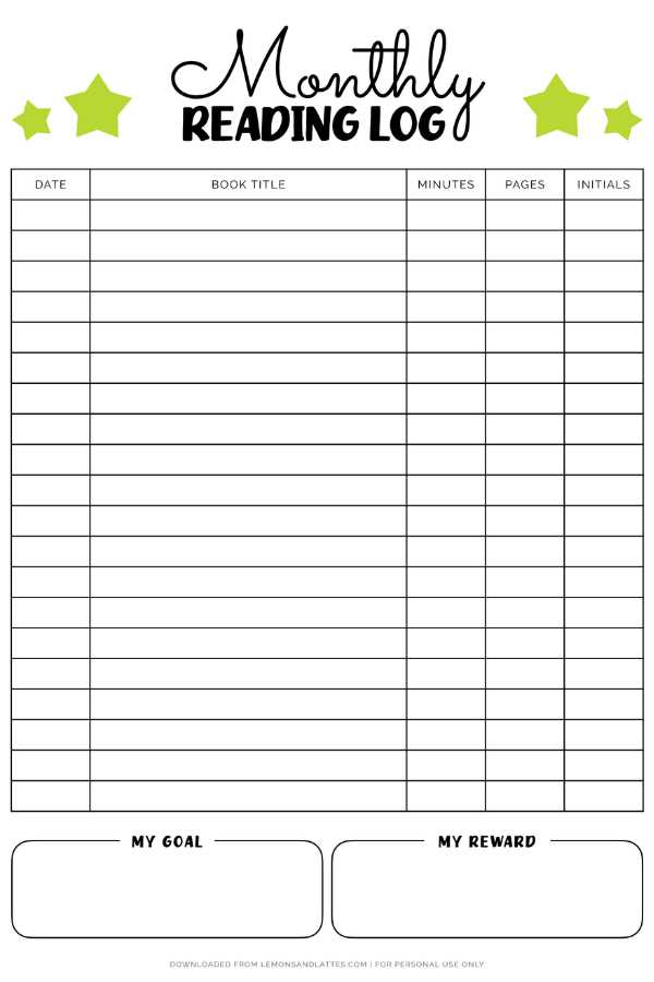 reading log calendar template