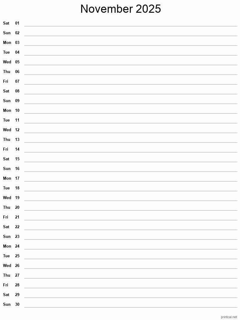 blank calendar template november 2025 printable