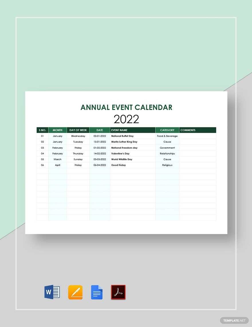 yearly event calendar template