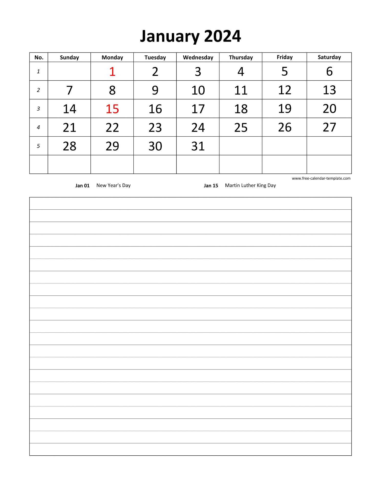 daily calendar with notes template