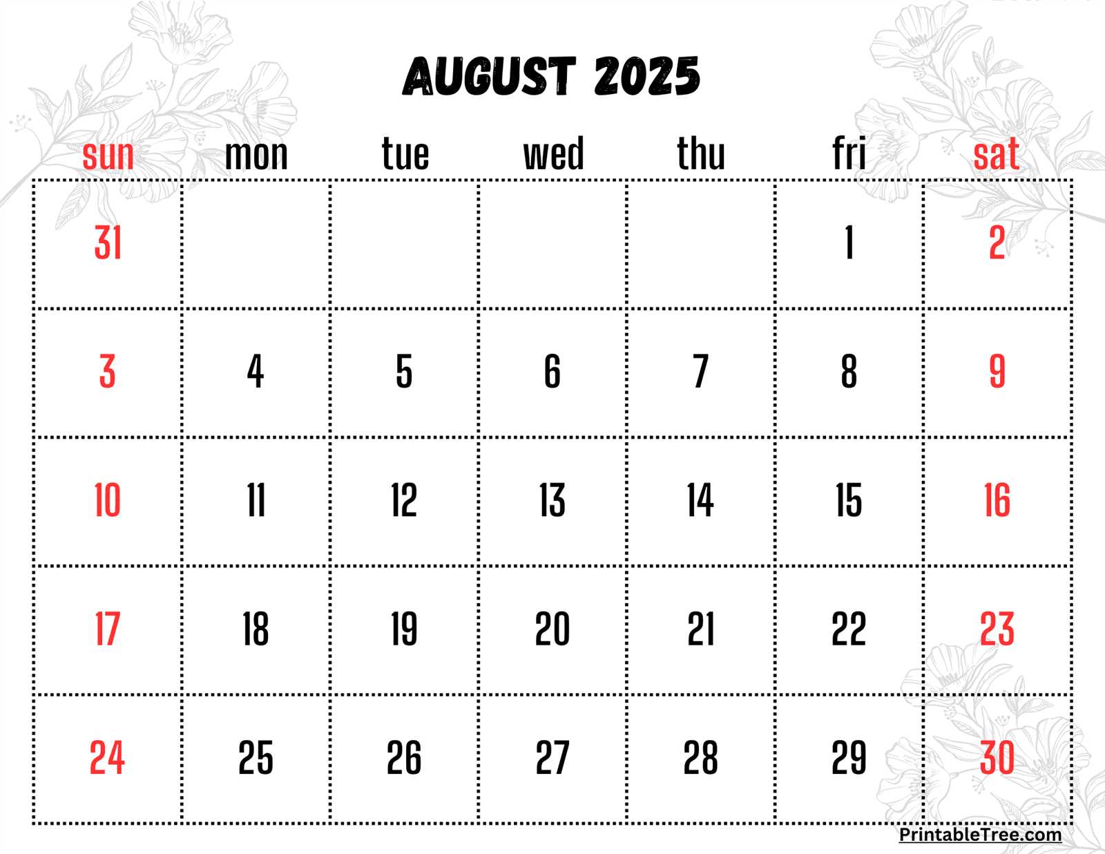 free monthly calendar template august 2025