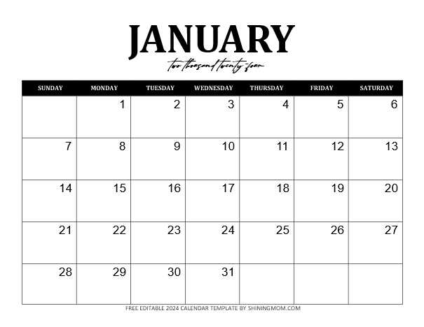 free january calendar template