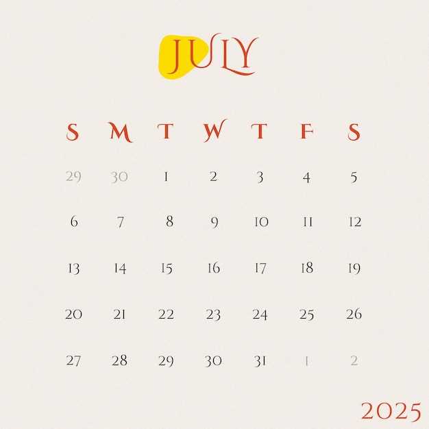 calendar template for july 2025