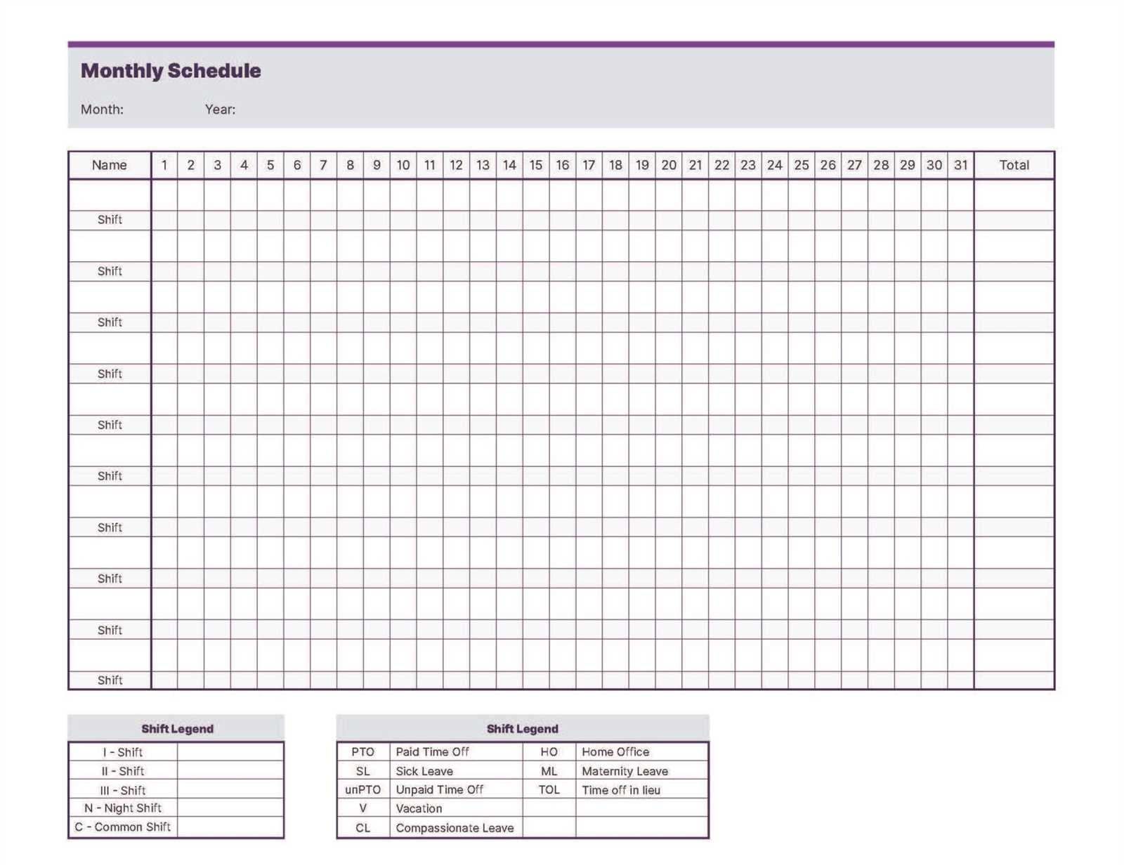 shift work calendar template