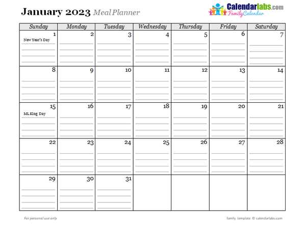 monthly menu planning calendar template