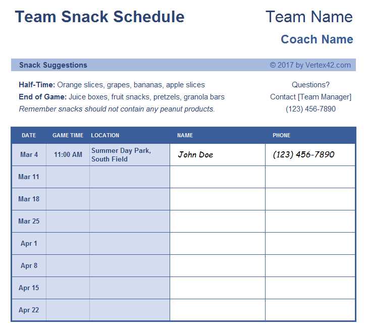 snack calendar template preschool