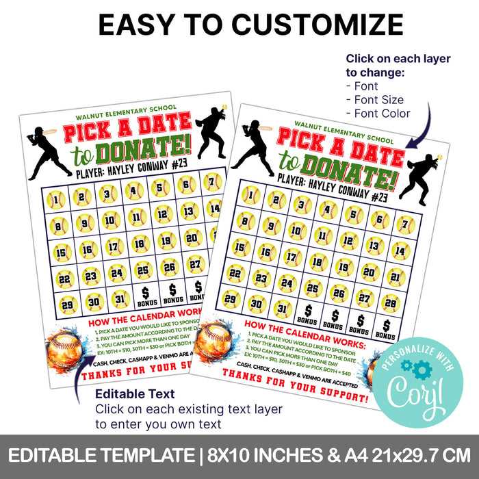 softball calendar fundraiser template